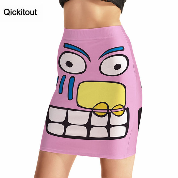 Qickitout Package Hip Skirt 2016 Women's Summer Sexy High Waist 3D Funny Colorful Pink Face Skirts  Package Hip Skirt