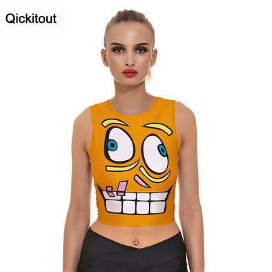 Qickitout 2016 Sexy Short Tank Top Orange Funny Face Cartoon Digital Print Tanks Sleeveless Tanks Exotic Easiness Beach Vest