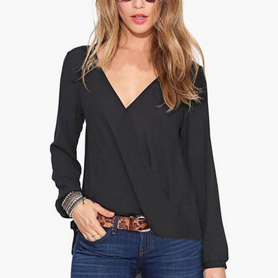 Women Casual Loose Shirts Fashion Solid Color Beautiful Autumn Sunscreen Sexy Full V-Neck Comfortable Blouses