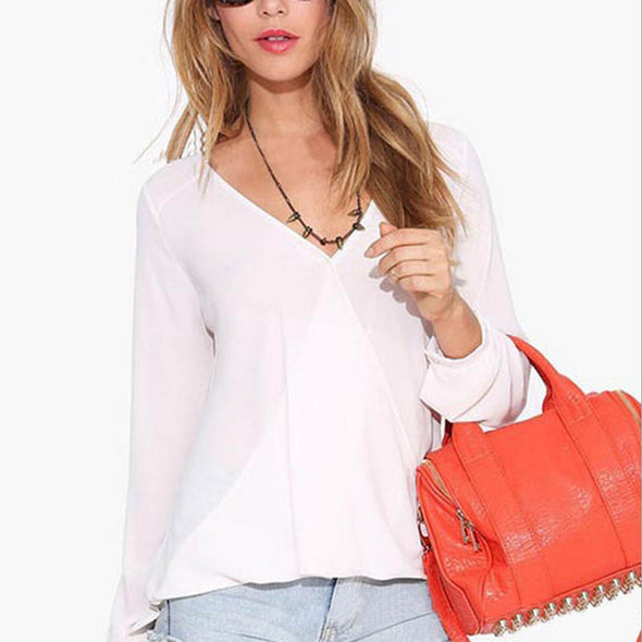 Women Casual Loose Shirts Fashion Solid Color Beautiful Autumn Sunscreen Sexy Full V-Neck Comfortable Blouses