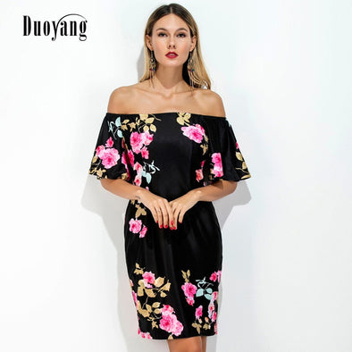 New Sexy Strapless Beautiful Flowers Printed Black Dress Women Slim Slash Collar Ladies Summer Dresses