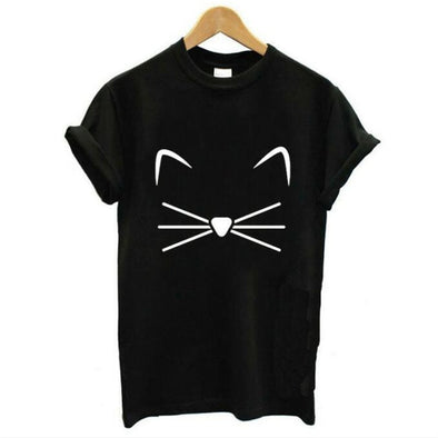 Harajuku Black T Shirt Cartoon Cat Face Letter Print Tee Shirt Femme O-neck Rock Tops