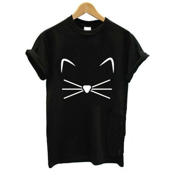 Harajuku Black T Shirt Cartoon Cat Face Letter Print Tee Shirt Femme O-neck Rock Tops