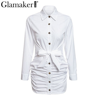 Glamaker Sexy white buttons bodycon dress Women mini dress summer pleated casual Female beautiful party club bowknot short dress