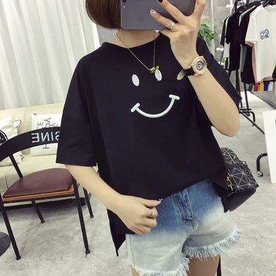 Women Girls Cartoon Smile Face Printed T-Shirt Half Sleeve O-Neck Summer High Low Pullover Tops Loose