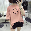 Women Girls Cartoon Smile Face Printed T-Shirt Half Sleeve O-Neck Summer High Low Pullover Tops Loose