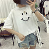 Women Girls Cartoon Smile Face Printed T-Shirt Half Sleeve O-Neck Summer High Low Pullover Tops Loose