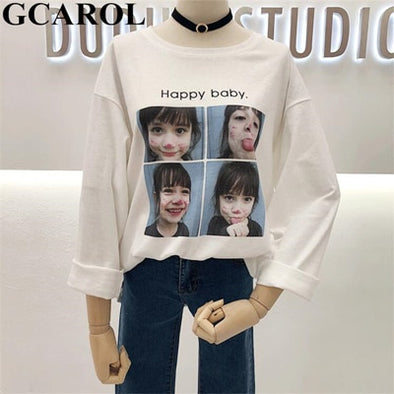 GCAROL 2019 New 2019 Happy Baby Face Printed Tshirt Drop Shoulder Render Unlined Upper Garment Tops Plus Size Cute Tops