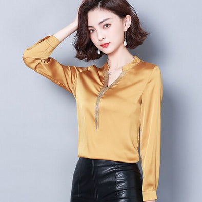 Womens Tops and Blouses High Quality Silk Blouse Shirt Spring Elegant Blouse Women Beautiful Long Sleeve Shirt Plus Size